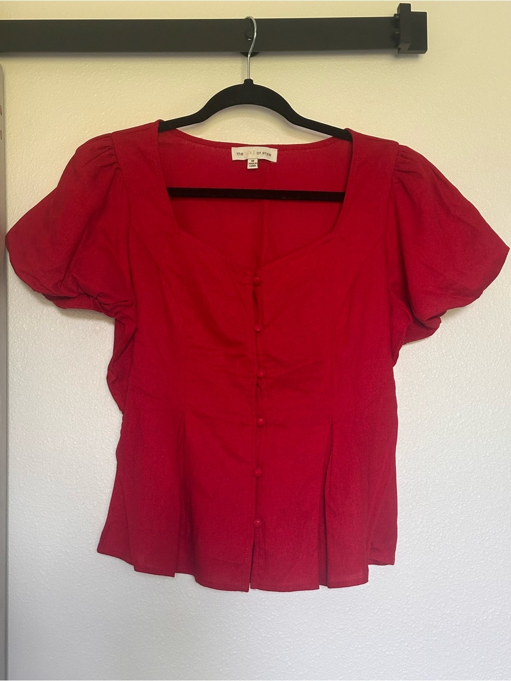 Red Square-Neck Button Front Puff Sleeve Blouse by The Lot Of Style